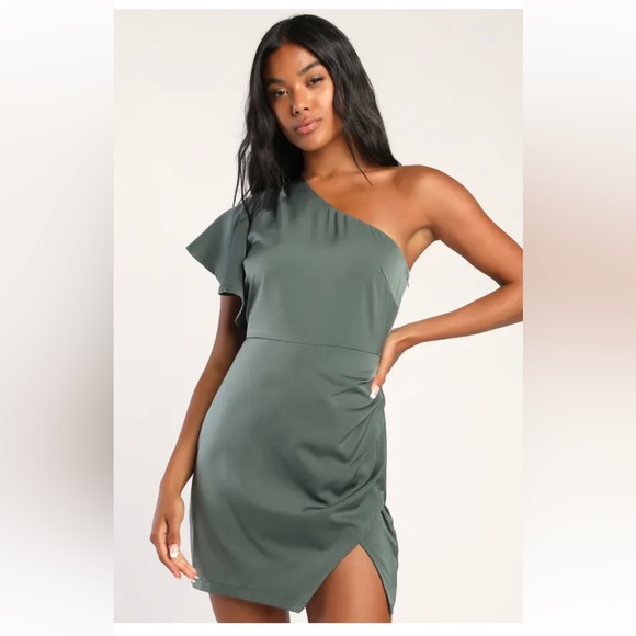 Lulus One Shoulder mini dress (sage green) - Picture 3 of 5